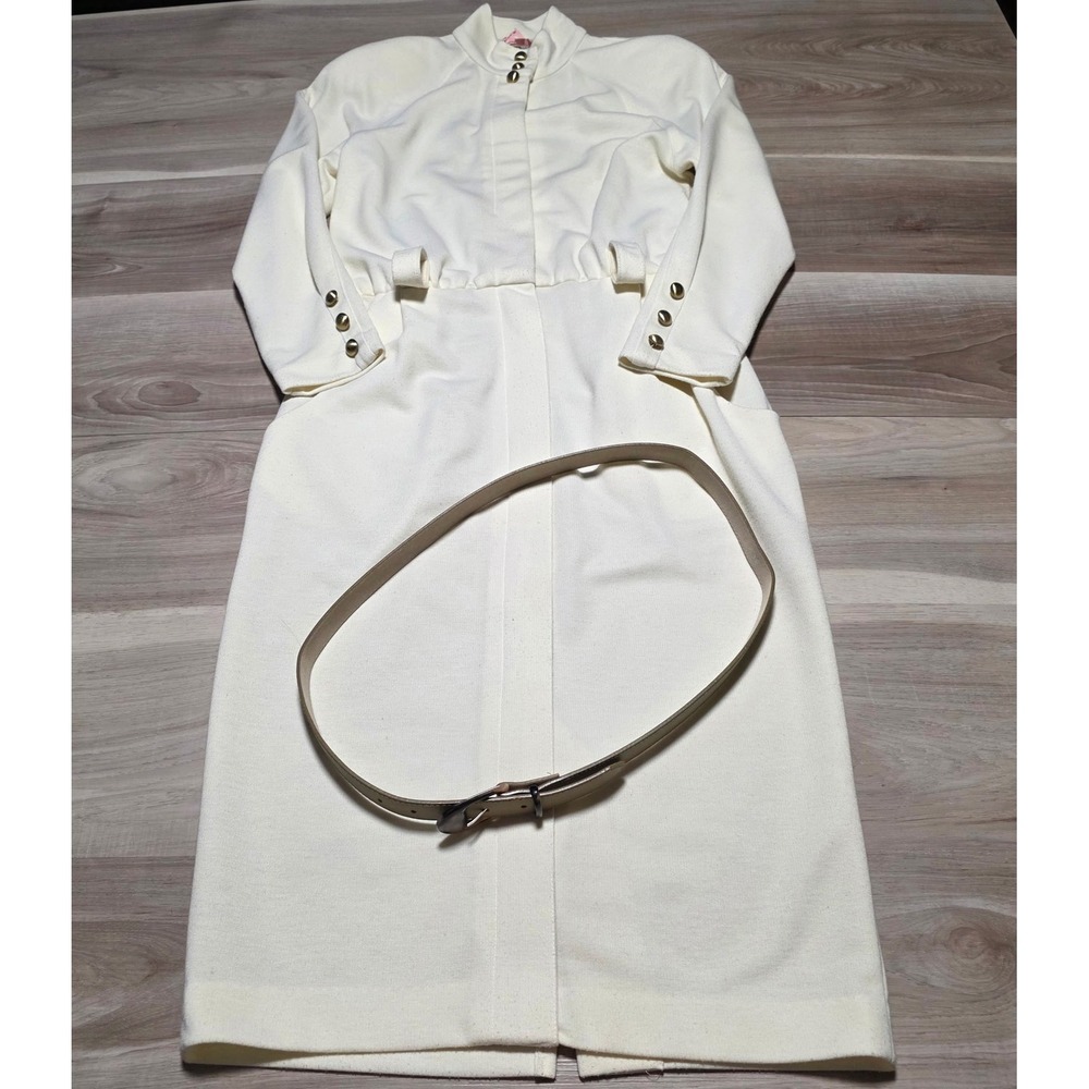 Vintage Knit Midi Dress Womens Small Cream Gold Button Belted Long‎ Sleeve Retro